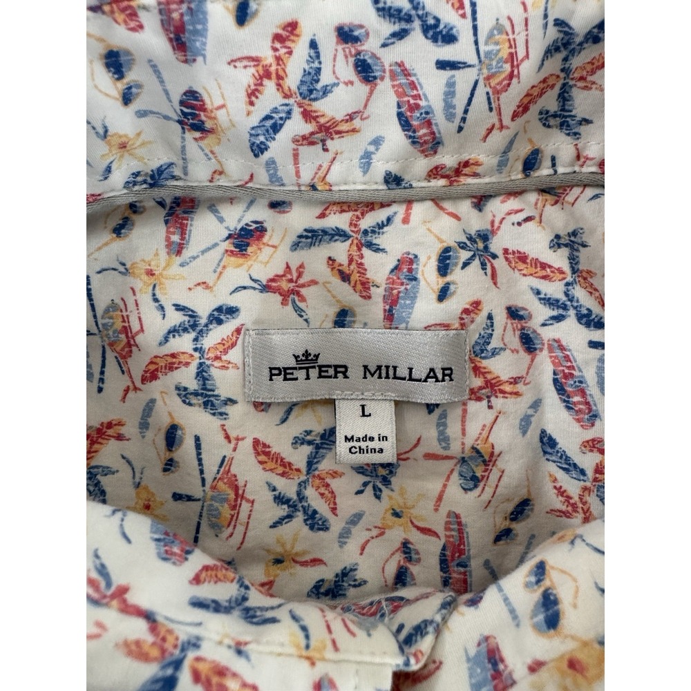 Peter Millar Button Down Shirt Mens L White Pocket Stretch Beach Cars Trees AOP - Picture 4 of 8